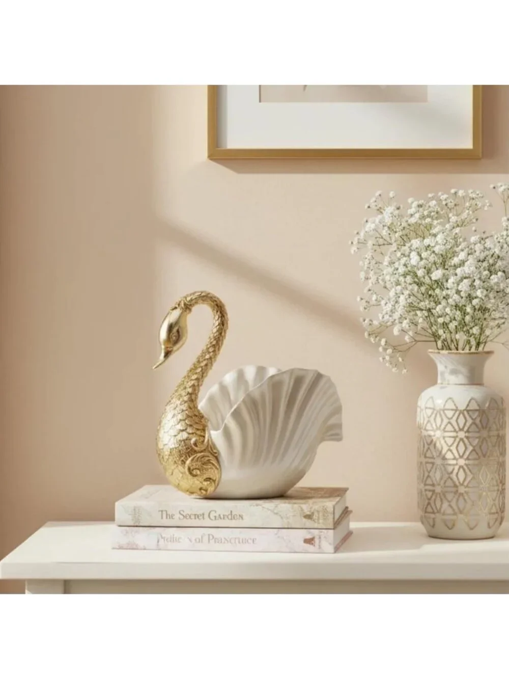 Elegant Swan Decorative Bowl - Gold & White Resin Jewelry Dish & Vanity